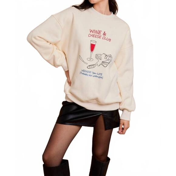 GILLI Tops - NEW GILLI wine and cheese club sweatshirt top in cream